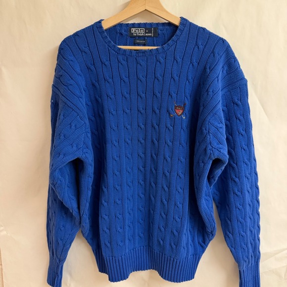 Polo Ralph Lauren Other - Polo Ralph Lauren Blue Cable Knit Chunk Sweater Mens XL Golf Crest Ivy Vintage